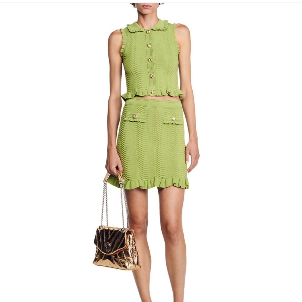 Sandro Olive Knit Top with Ruffle Accents